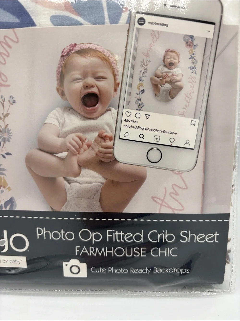 NoJo Farmhouse Chic Photo Op Fitted Crib Sheet - Blush & Blue Floral 100% Cotton